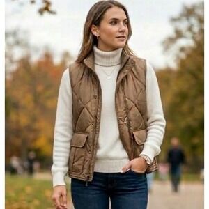 VTG Ralph Lauren Womens Heritage Diamond Quilted Silk Vest Sz M Tan Quiet Luxury